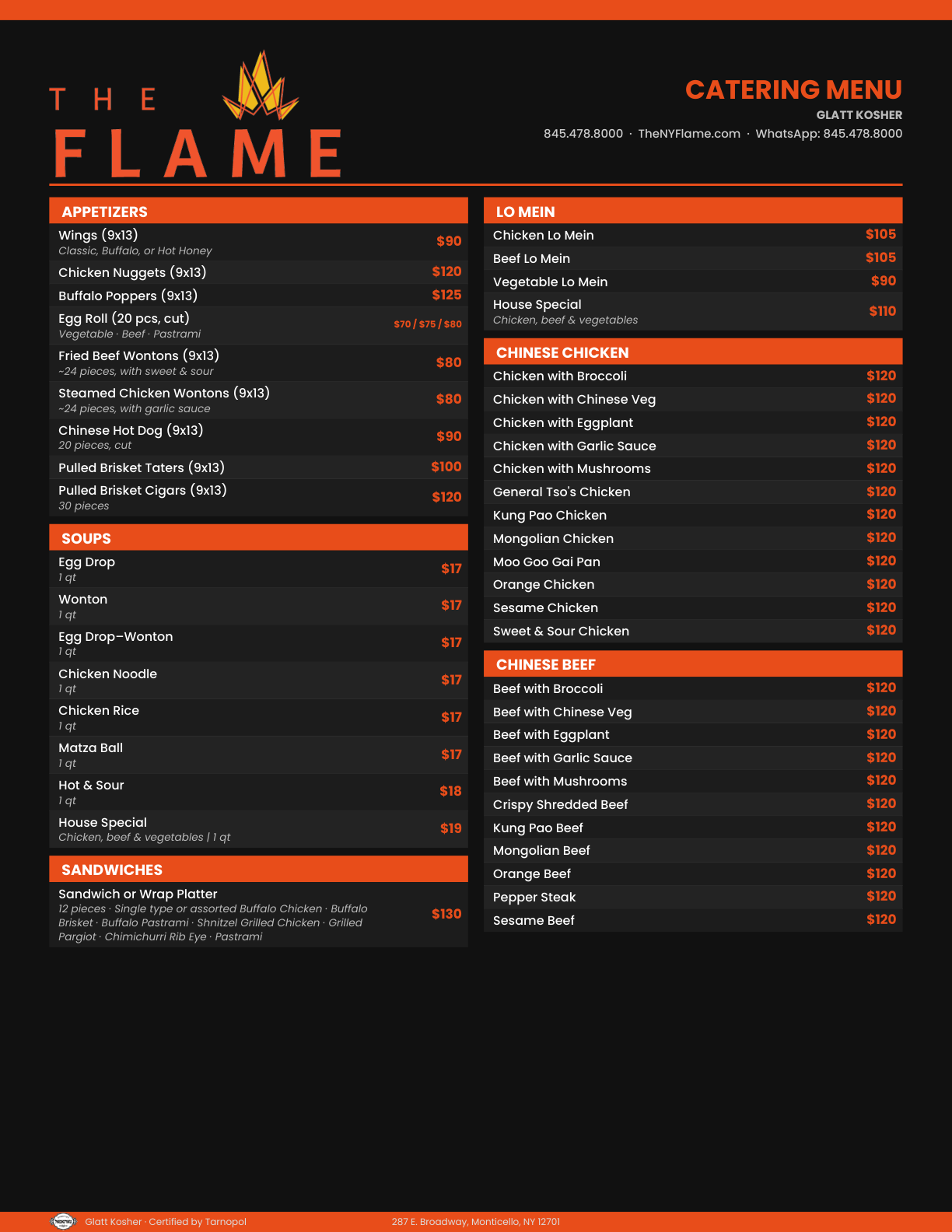 The Flame catering menu page 1 — appetizer, soup, sandwich, lo mein, Chinese chicken and beef trays