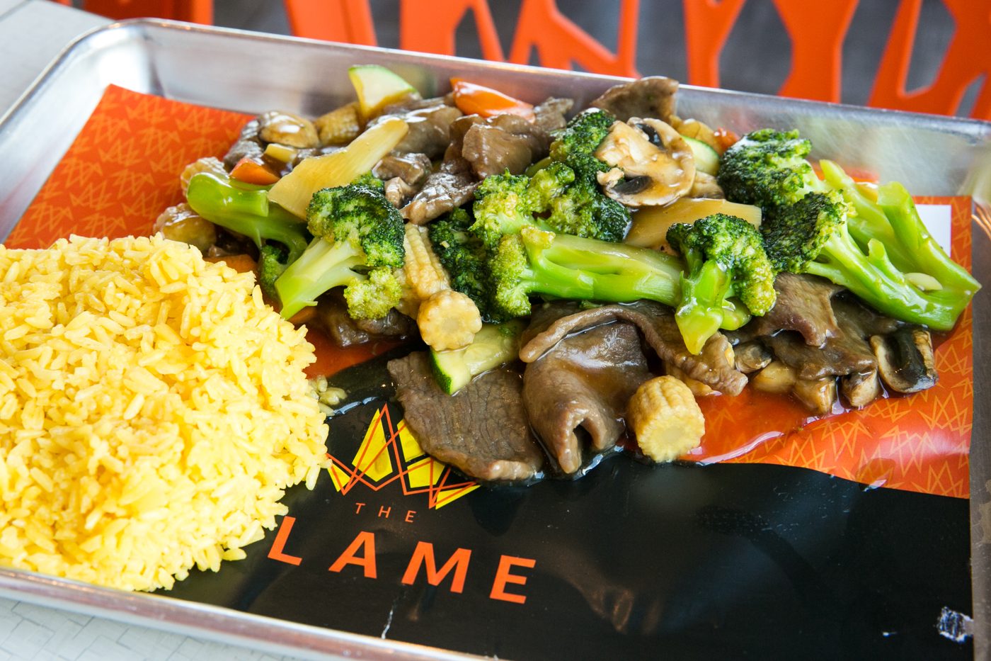 Beef with broccoli and fried rice