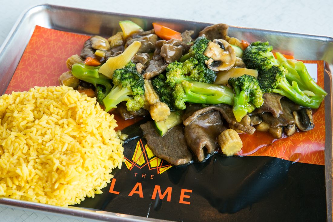 Beef with broccoli and fried rice